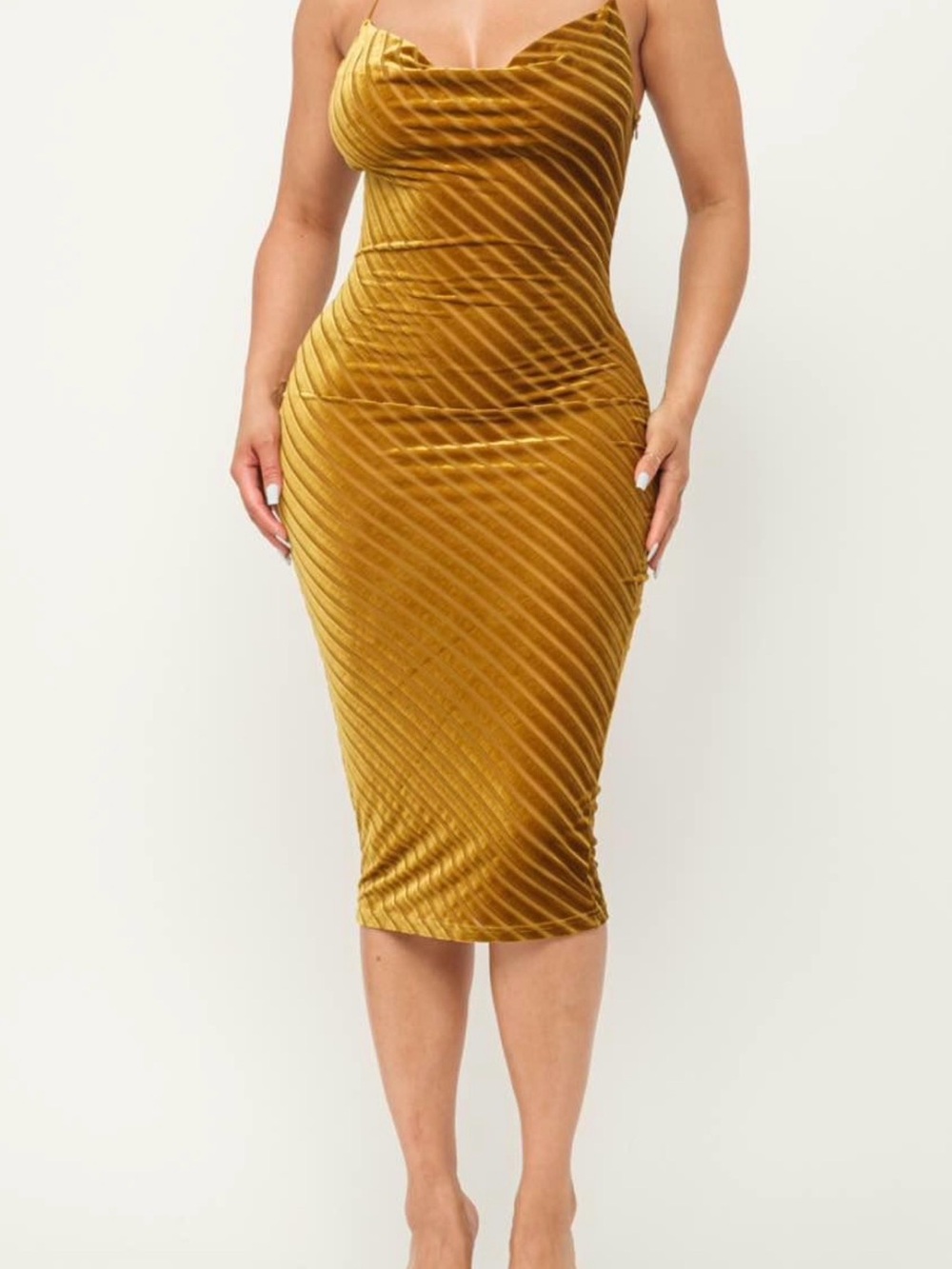 Velvet Diagonal Stripe Cowl Neck Midi Dress - Golden Mustard